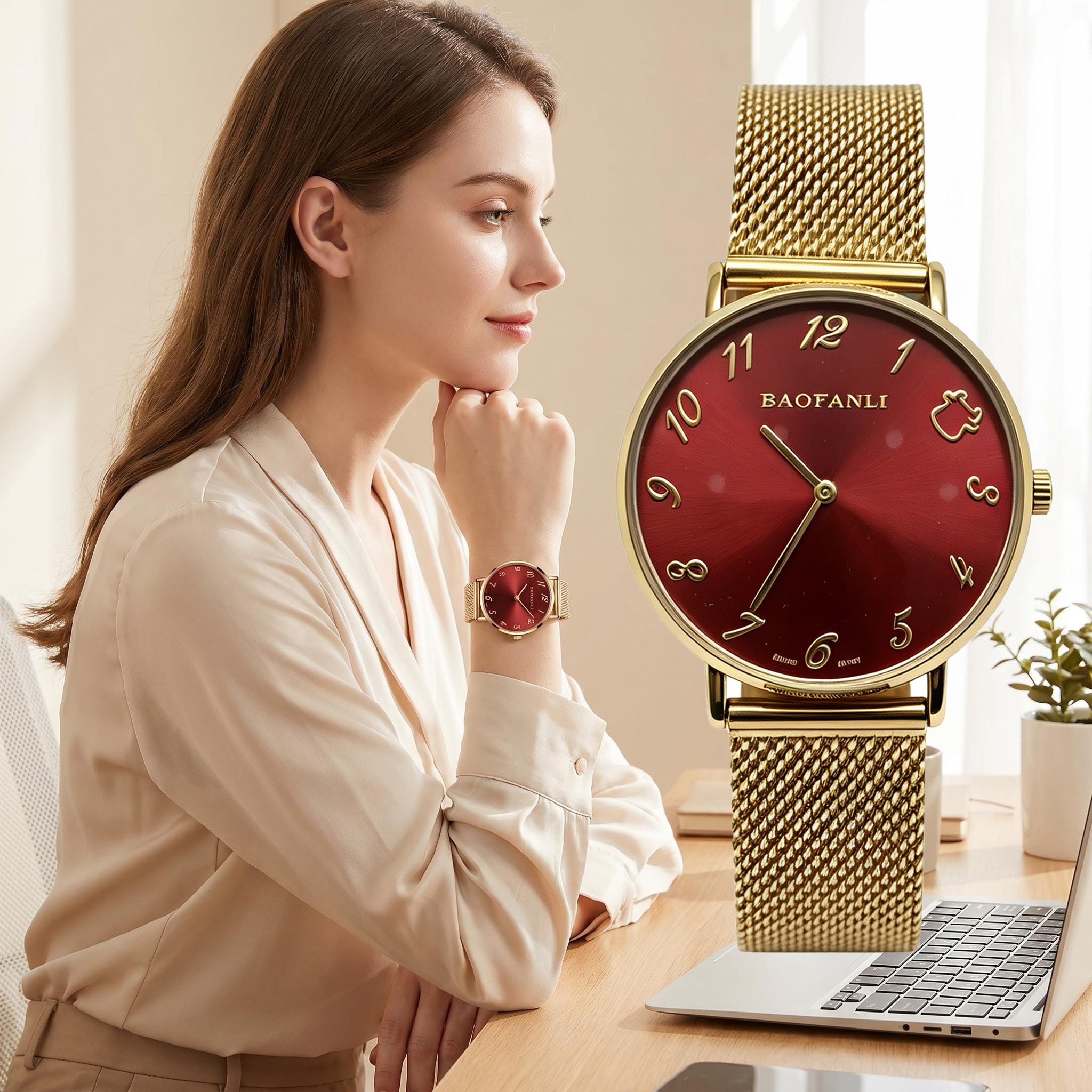 Mesh Strap Metal - BAOFANLI Women's Quartz Watch, Wine Red