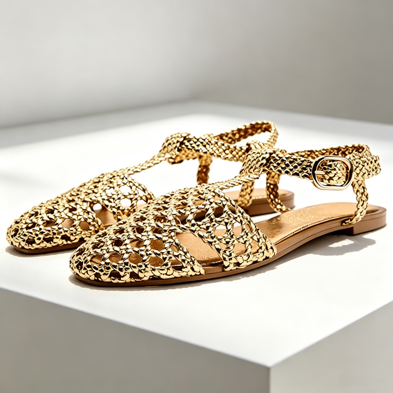 Golden Mesh Woven Flat Sandals - Mesh Strap Metal incelemesi ve fiyatı